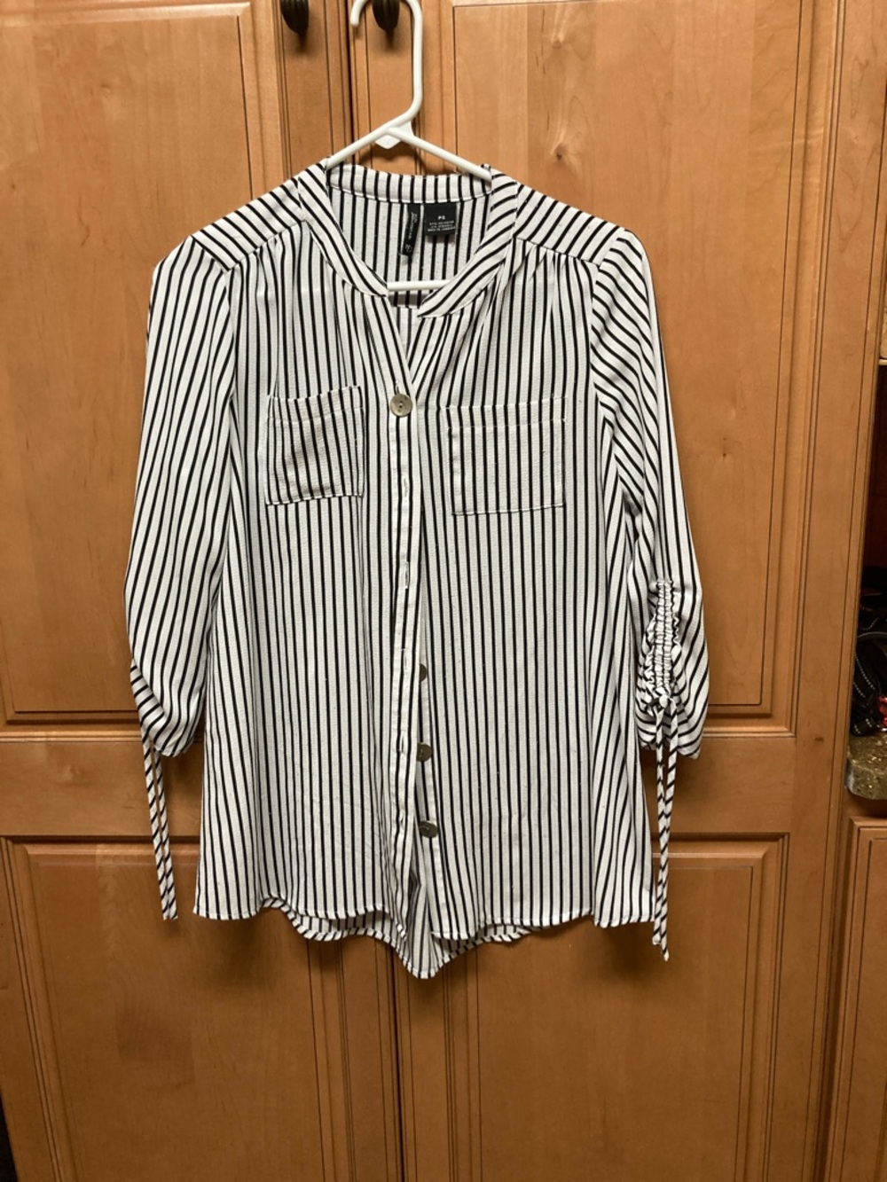 new directions Black and White Striped Long Sleeve Button Front Top